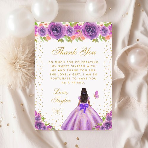 Purple Floral Dark Skin Princess Sweet Sixteen Thank You Card