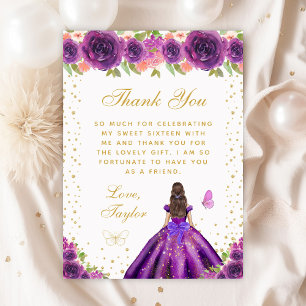 Purple Floral Dark Skin Princess Sweet Sixteen Thank You Card