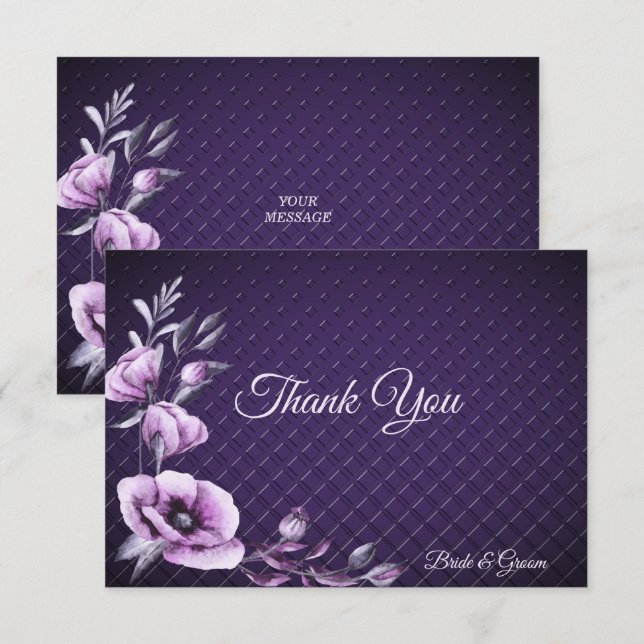 Purple Floral Decorative Flat Thank You Card (Front/Back)