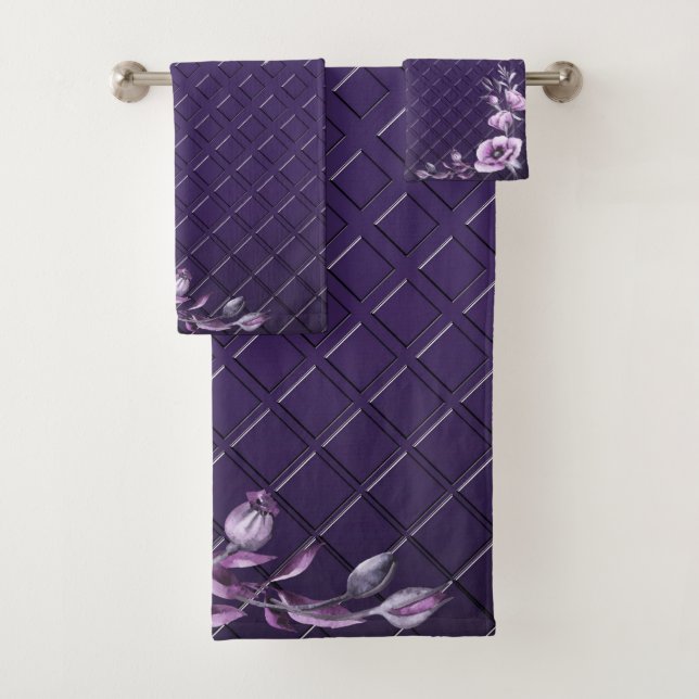 Purple Floral Decorative Pattern Bath Towel Set (Insitu)