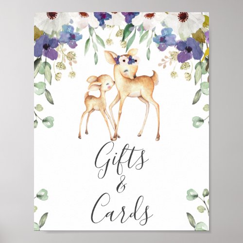 Purple Floral Deer Doe Fawn Baby Shower Party Sign