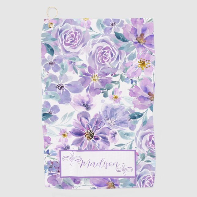 Purple Floral design  Golf Towel (Front)
