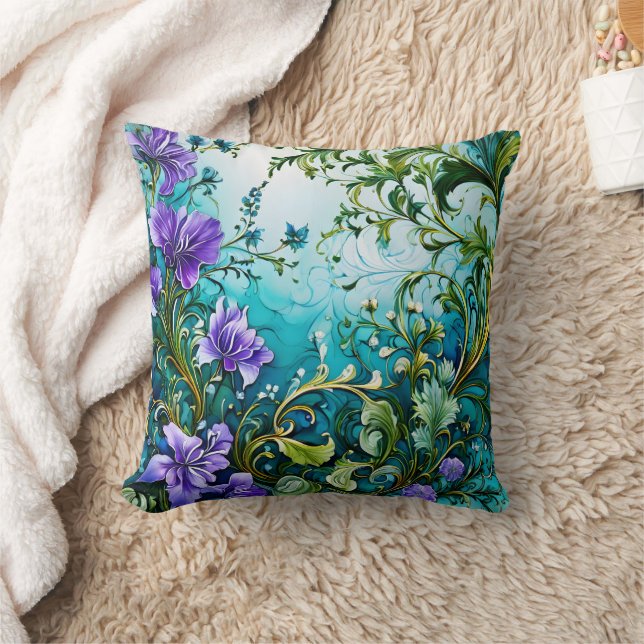 Purple Floral Design With Greenery Throw Pillow (Blanket)