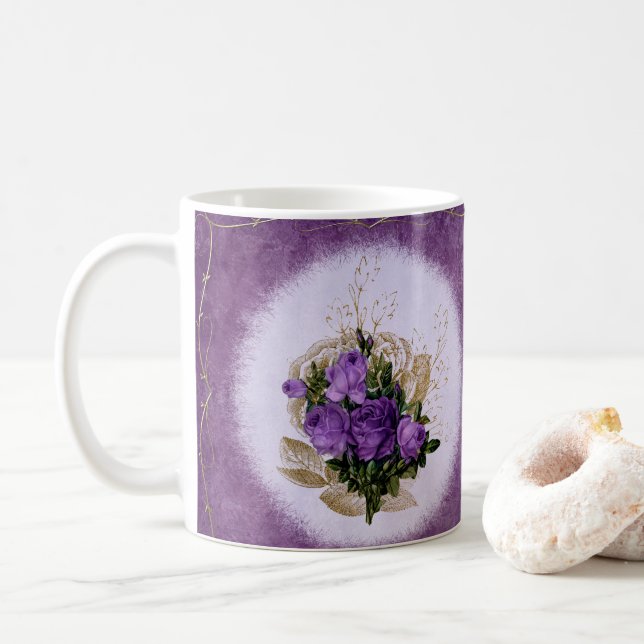 Purple Floral Designed Classic Mug Elegant  (With Donut)