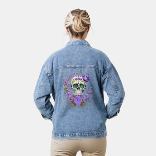 Purple Floral Dia De Los Muertos Sugar Skull Denim Jacket