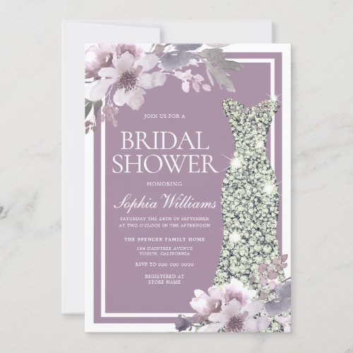 Purple Floral Diamond Dress Elegant Bridal Shower Invitation