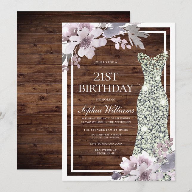 Purple Floral Diamond Dress Rustic 21st Birthday Invitation (Front/Back)