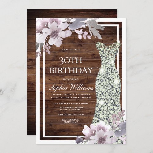 Purple Floral Diamond Dress Rustic 30th Birthday Invitation