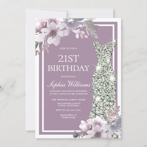 Purple Floral Diamond Dress Womans 21st Birthday Invitation