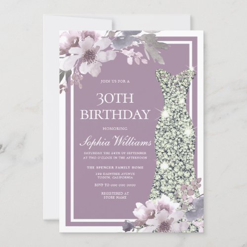 Purple Floral Diamond Dress Womans 30th Birthday Invitation