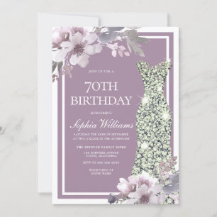 Purple Floral Diamond Dress Womans 70th Birthday Invitation