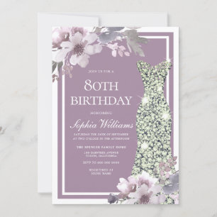 Purple Floral Diamond Dress Womans 80th Birthday Invitation