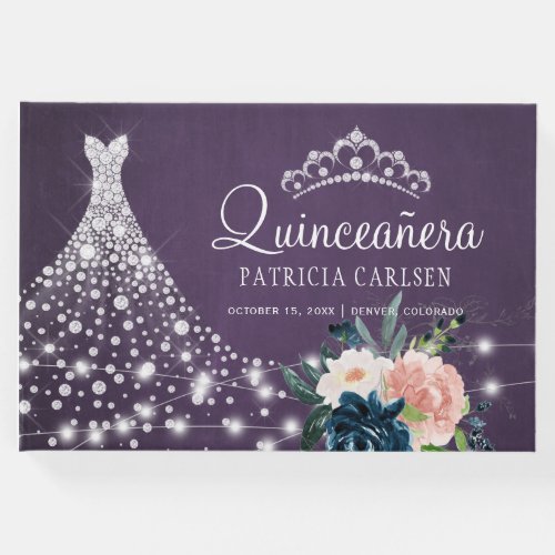 Purple floral diamond princess tiara quinceanera guest book