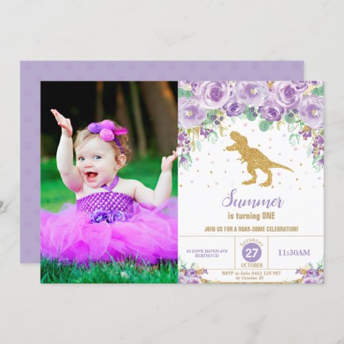 Purple Floral Dinosaur Birthday Girl T_Rex Photo Invitation