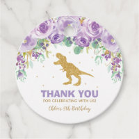 Purple Floral Dinosaur Birthday Girl Thank You Favor Tags