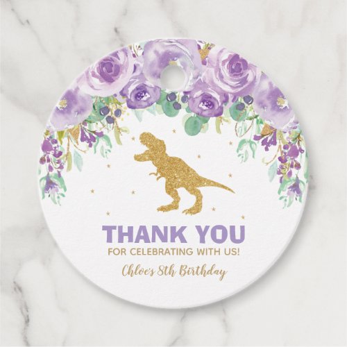 Purple Floral Dinosaur Birthday Girl Thank You Favor Tags