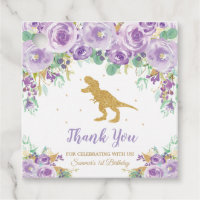 Purple Floral Dinosaur Birthday Girl Thank You Favor Tags