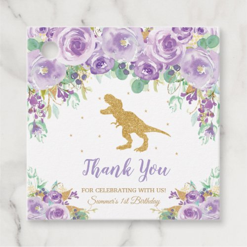 Purple Floral Dinosaur Birthday Girl Thank You Favor Tags