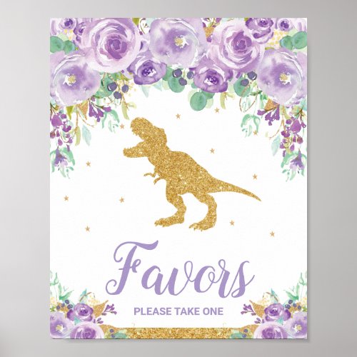 Purple Floral Dinosaur Birthday Party Girl Favors Poster