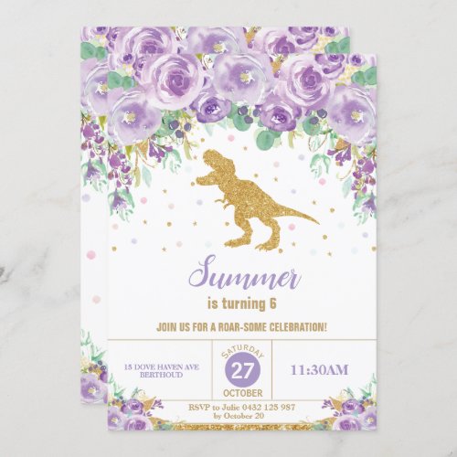 Purple Floral Dinosaur Birthday Party Girl T_Rex Invitation