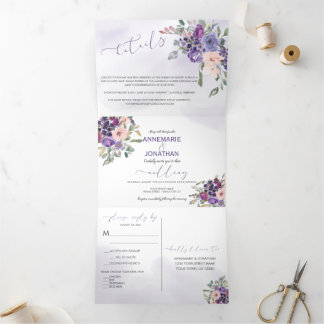 Purple Floral *DIY* Color Change Script Tri-Fold Invitation