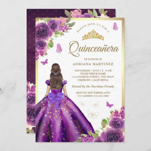 Purple Floral Dress Butterfly Gold Quinceanera Invitation