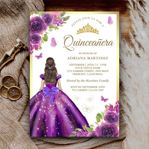 Purple Floral Dress Butterfly Gold Quinceanera Invitation