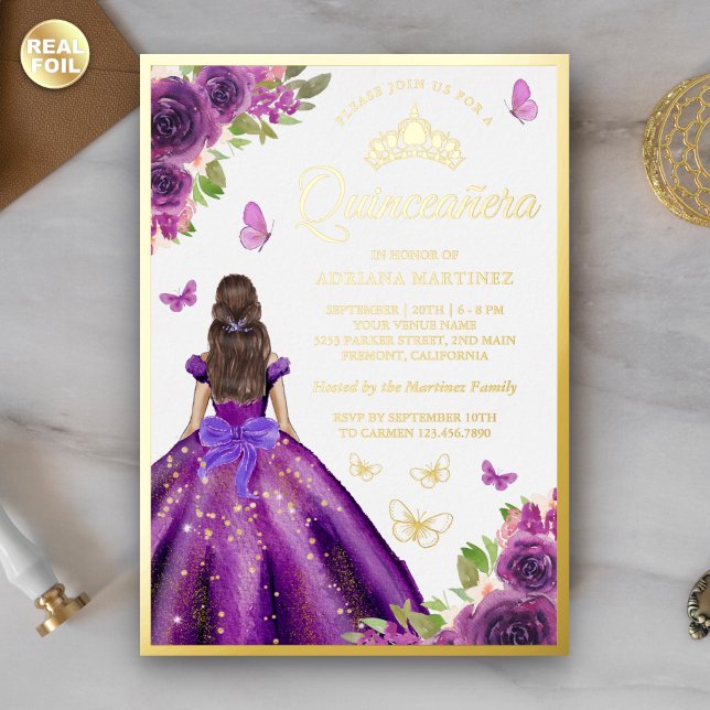Purple Floral Dress Butterfly Quinceanera Gold Foil Invitation (Creator Uploaded)