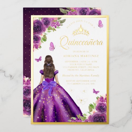 Purple Floral Dress Butterfly Quinceanera Gold Foil Invitation