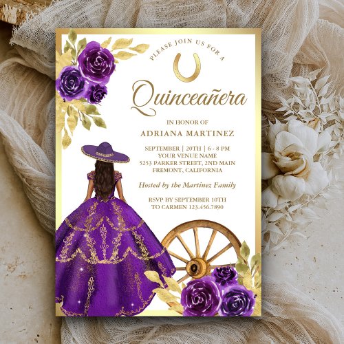 Purple Floral Dress Charro Gold Quinceanera Invitation