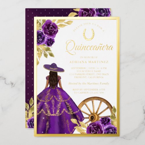 Purple Floral Dress Charro Quinceanera Gold Foil Invitation