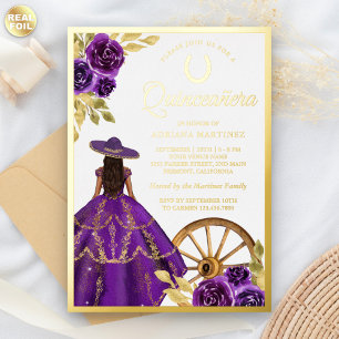 Purple Floral Dress Charro Quinceanera Gold Foil Invitation