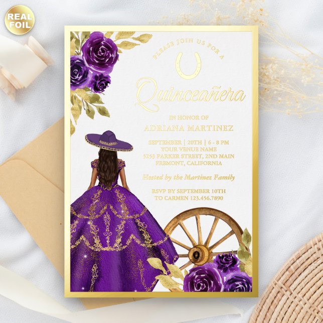 Purple Floral Dress Charro Quinceanera Gold Foil Invitation (Creator Uploaded)