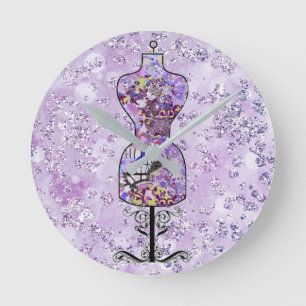 Purple Floral Dress Form Bokeh Bling Round Clock