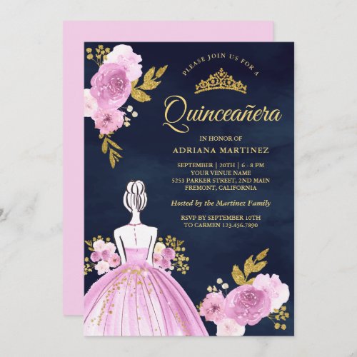 Purple Floral Dress Navy Blue Gold Quinceanera Invitation