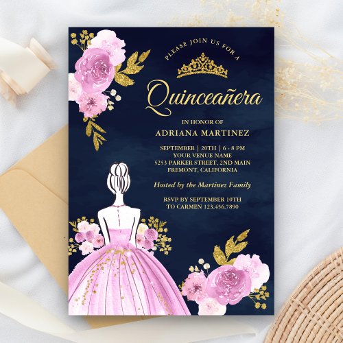 Purple Floral Dress Navy Blue Gold Quinceanera Invitation