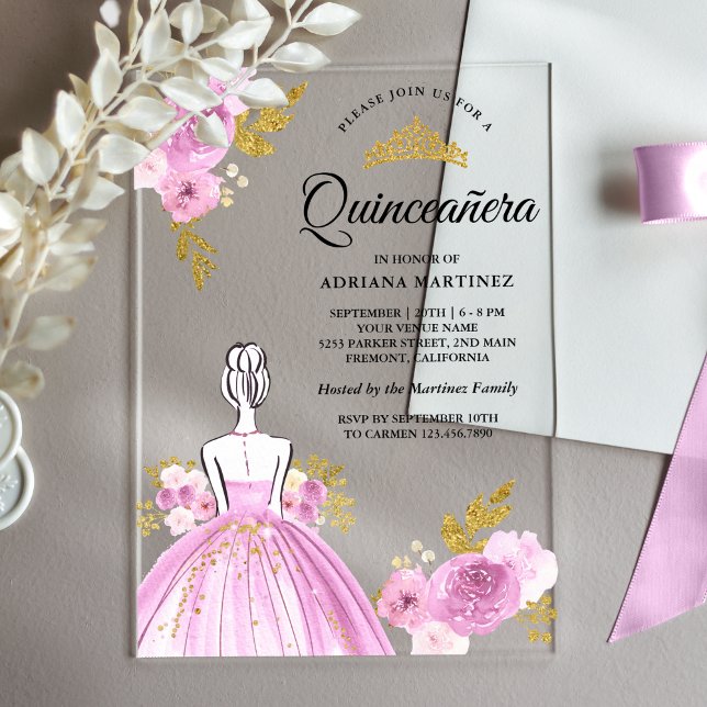 Purple Floral Dress Princess Gold Quinceanera Acrylic Invitations (Creator Uploaded)