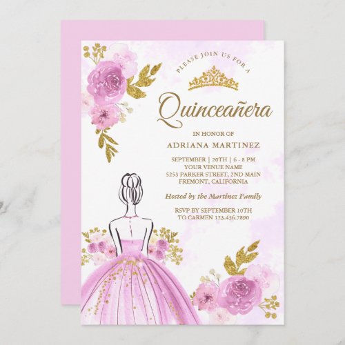 Purple Floral Dress Princess Gold Quinceanera Invitation