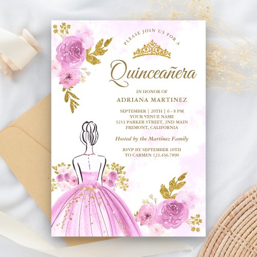 Purple Floral Dress Princess Gold Quinceanera Invitation