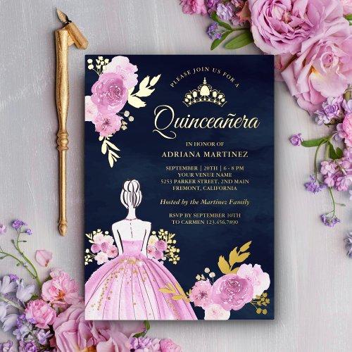 Purple Floral Dress Princess Navy Quinceanera Gold Foil Invitation