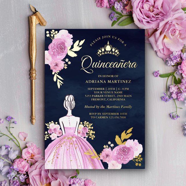 Purple Floral Dress Princess Navy Quinceanera Gold Foil Invitation (Creator Uploaded)