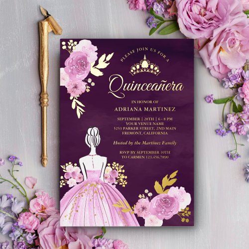 Purple Floral Dress Princess Plum Quinceanera Gold Foil Invitation