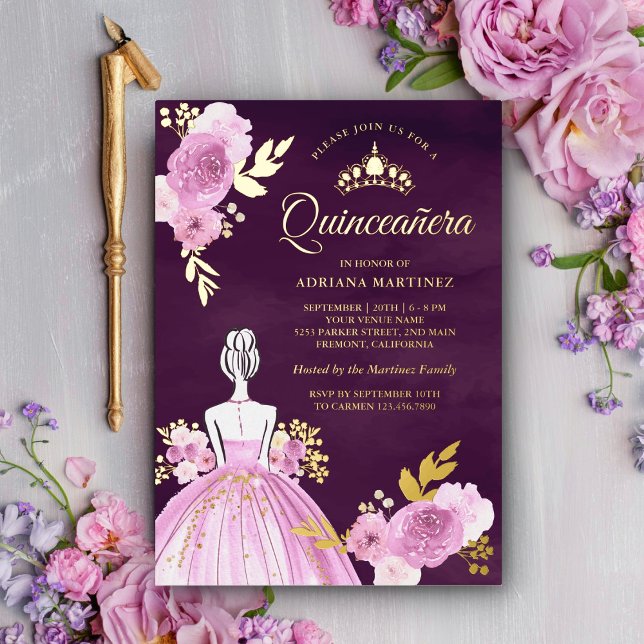 Purple Floral Dress Princess Plum Quinceanera Gold Foil Invitation (Creator Uploaded)