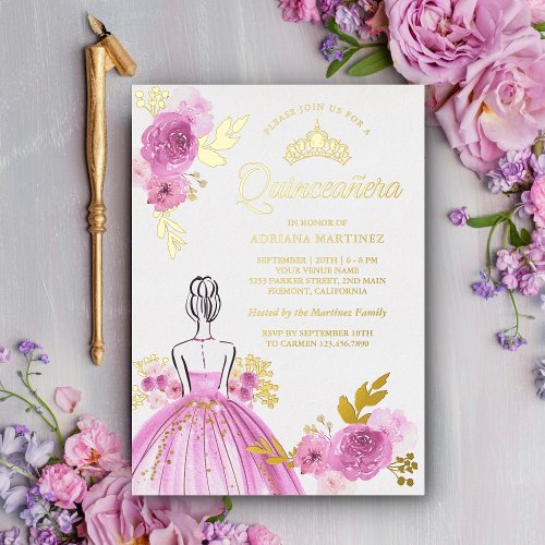 Purple Floral Dress Princess Quinceanera Gold Foil Invitation