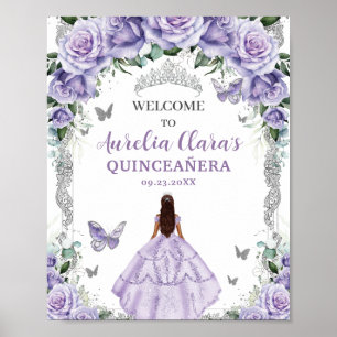 Purple Floral Dress Quinceañera Vintage Silver Poster