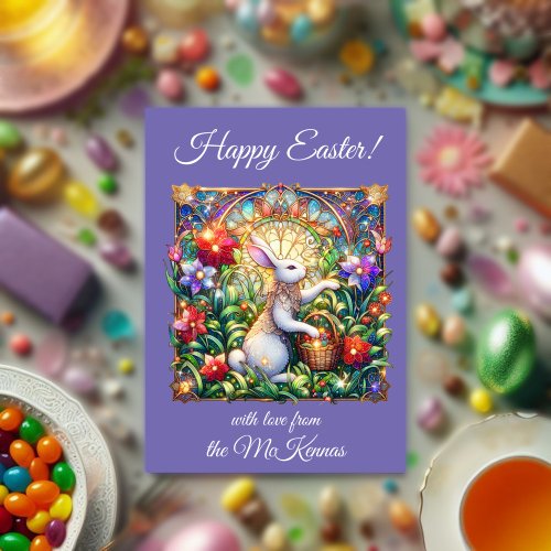 Purple Floral Easter Rabbit Stained Glass  Holiday Card