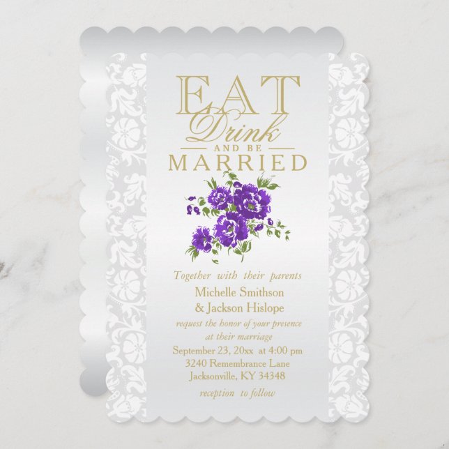 Purple Floral Eat, Drink and Be Married Invitation (Front/Back)