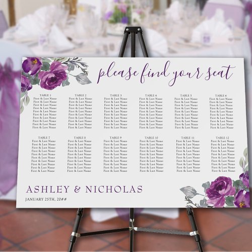 Purple Floral Elegant 12 Table Wedding Seating Foam Board