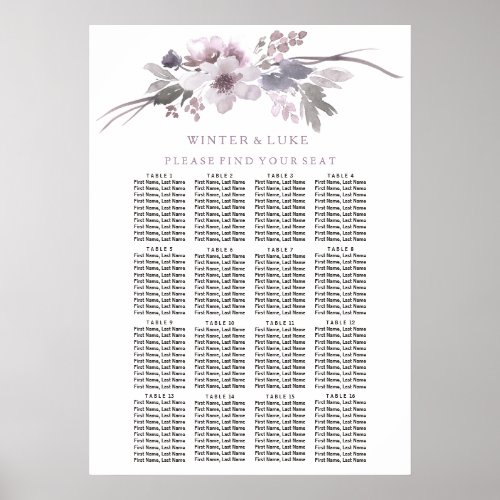 Purple Floral Elegant 16 Table Seating Chart