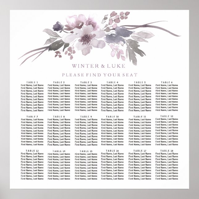 Purple Floral Elegant 18 Table Seating Chart (Front)